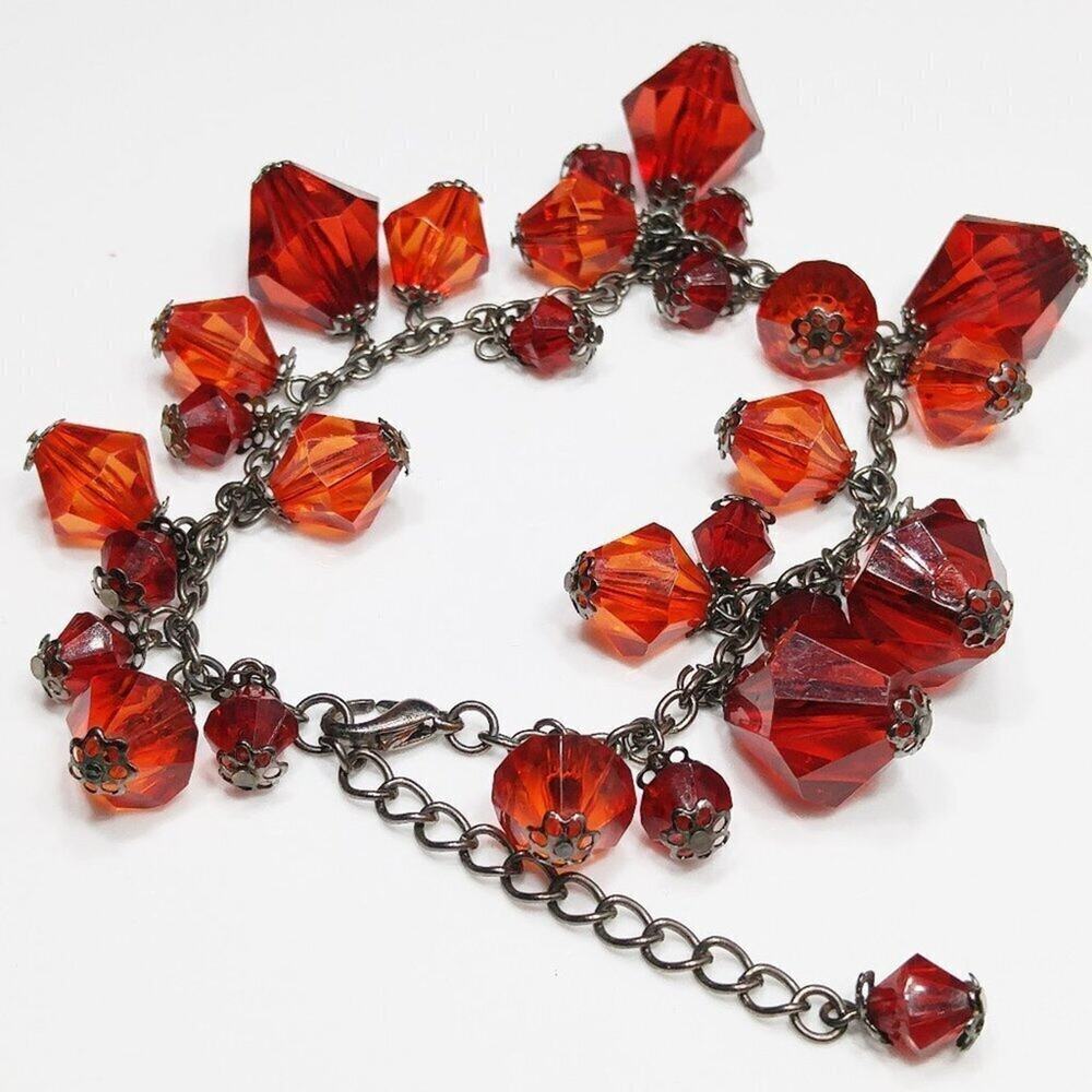 Red Lucite Beaded Bracelet or Anklet, Cluster Dangle Beads, 7 Inches